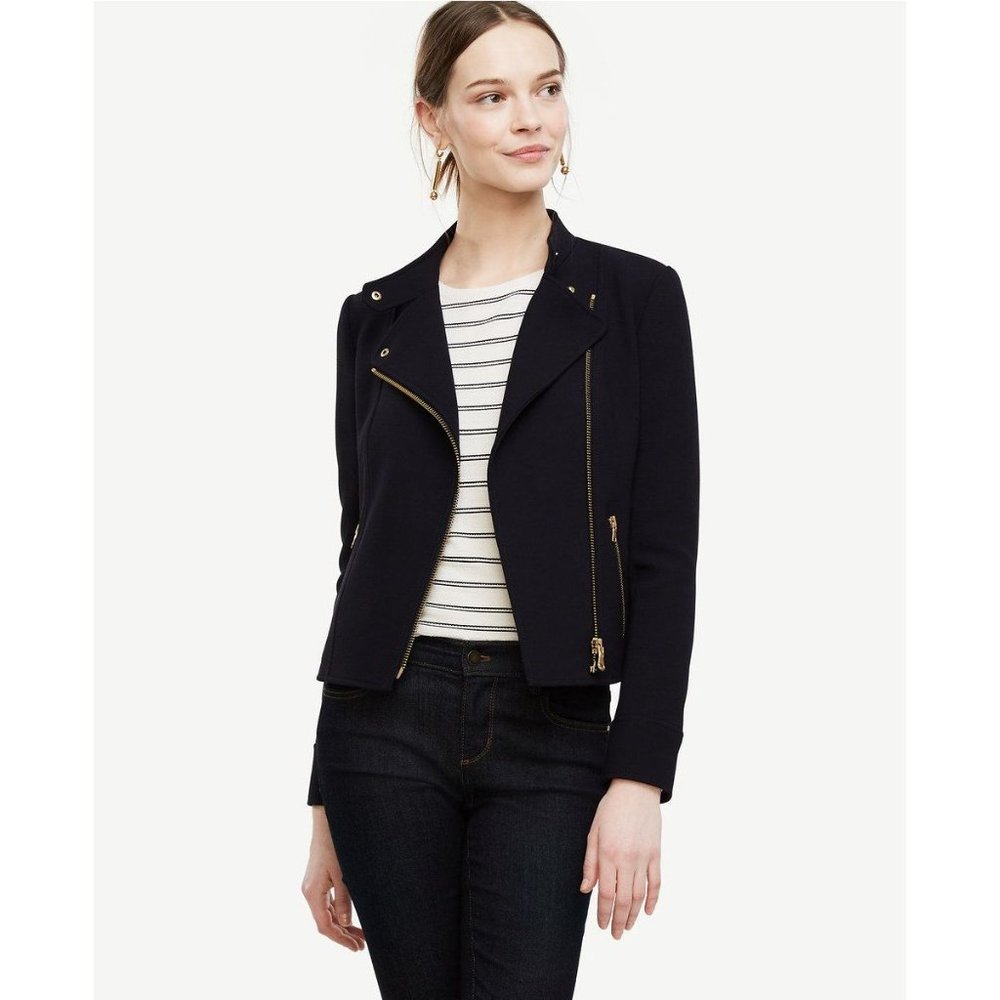 ANN TAYLOR Navy Blue Twill Crepe Flounce Moto Jacket sz 4P Café Racer Indie